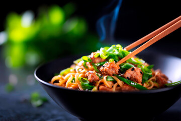 A mouthwatering and stylized shot of steaming noodles in a black bowl with chopsticks a classic representation of Asian cuisine