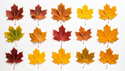 Fototapeta premium Sixteen maple leaves in autumn hues—arranged in a grid, each leaf a distinct emotional note in the seasonal symphony of transformation, memory, and the quiet choreography of change.
