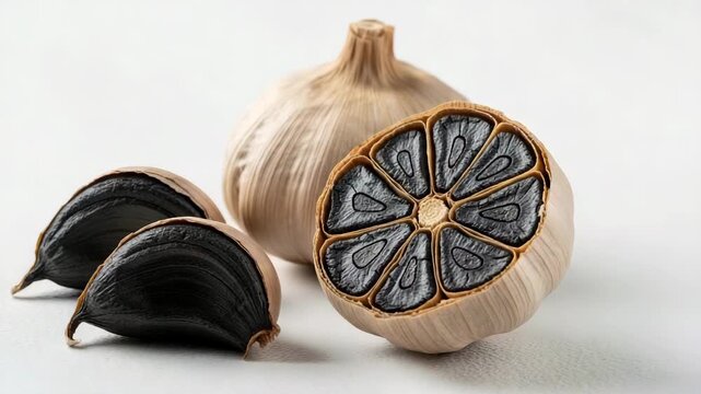 Whole and sliced black garlic on white background  