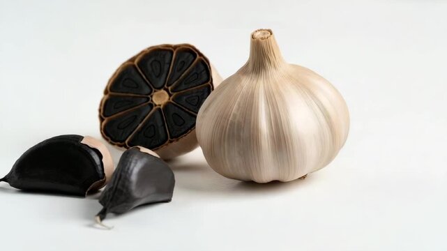 Black garlic bulb and cloves on light background  