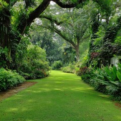 Obraz premium Lush garden path, shaded by trees