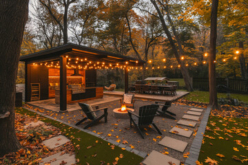 Outdoor kitchen with BBQ Cooking outside by night in fall / autumn