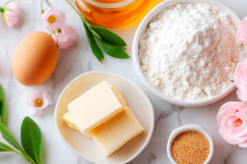 A simple and clean flat lay of essential baking ingredients including flour sugar butter and an egg on a bright white background
