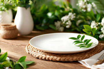 A simple and elegant rustic table setting with a clean white plate and minimalist cutlery on a dark wooden background perfect for a food theme