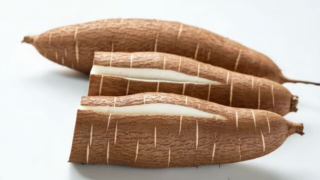 Sliced yacon root with brown skin displayed on white background  