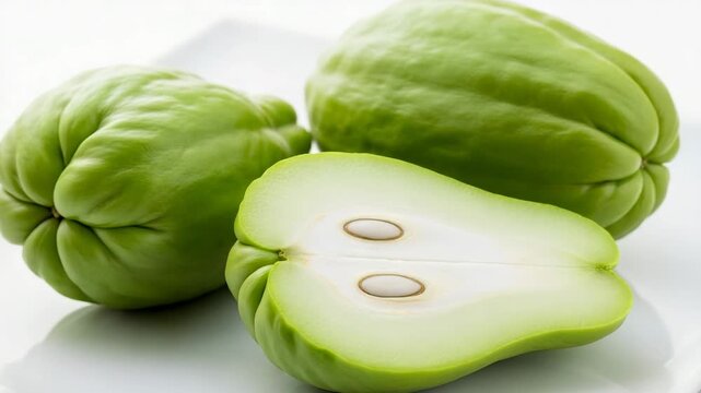 Green chayote squash cut in half and whole on white plate  