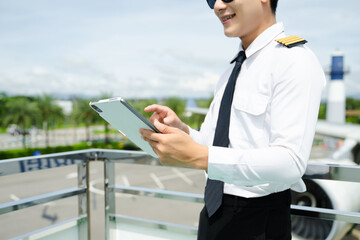 Airline pilot in uniform reviewing checklist outdoors by airplane, perfect for aviation, travel, and professional flight safety themes