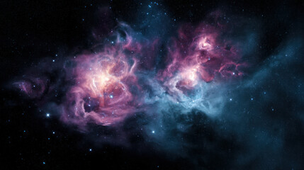 Fototapeta premium Space background with colorful nebula Galaxy Cloud. Bright galaxy shimmering neon blue purple colors with distant stars. Mysterious alien star system purple green planets orbiting a bright glowing sun