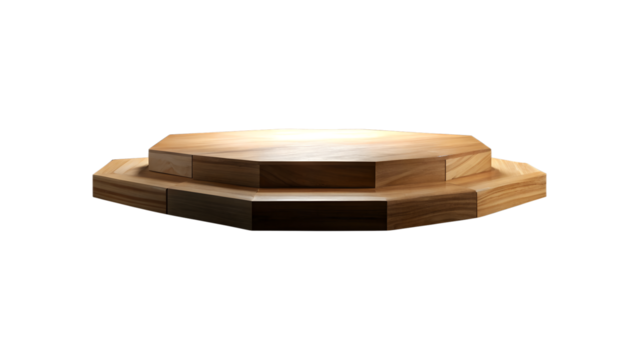 Wooden podium stage isolated on transparent background, offering a modern and minimal platform for product display and presentation with natural texture