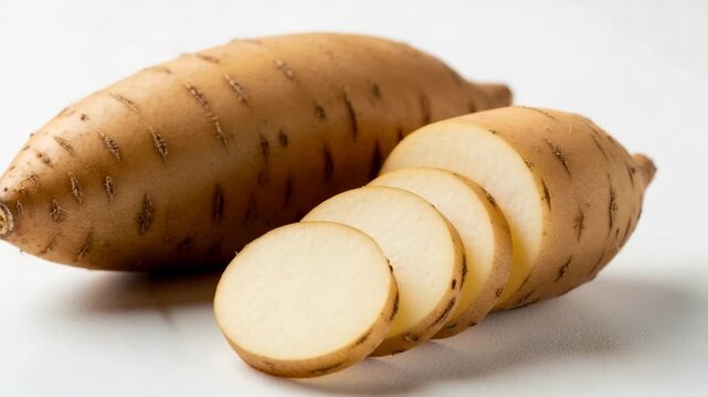 Whole and sliced sweet yacon tubers on white background  