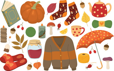Autumn cozy illustration with set of cute objects. Cardigan, teapot, jar of jam, fall leaves, berries, socks, home slippers, ceramic cup, acorns, umbrella, book, candles