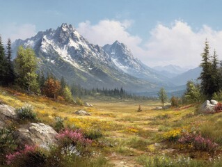 Serene Alpine Meadow with Snow-Capped Peaks and Wildflowers Under a Blue Sky, a Peaceful Mountain Landscape