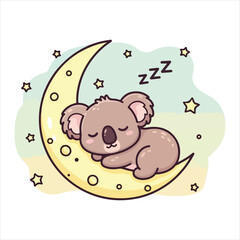 Cute cartoon koala sleeping on a crescent moon with stars and zzz text vector