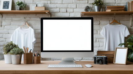 Blank screen of All in one computer, keyboard, mouse, monstera plant pot and small plant pots on wooden table