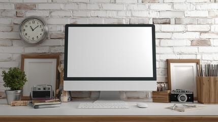 Blank screen of All in one computer, keyboard, mouse, monstera plant pot and small plant pots on wooden table