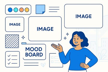 Woman presenting mood board concept with colorful graphic elements and images in modern abstract style on light background. Ai generative. Ai generative
