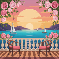 Romantic dinner table at summer beach cafe with ocean view