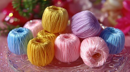 Colorful Balls of Yarn in Glass Bowl