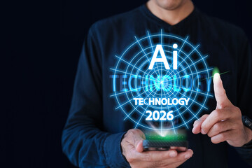futuristic person interacting with a transparent digital interface, showcasing AI-driven infographics and technology in 2026, symbolizing innovation and intelligent data visualization.