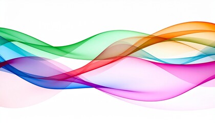 Colorful translucent waveforms in green, blue, pink, orange, and purple flow horizontally across a white background—evoking energy, motion, and abstract digital harmony.