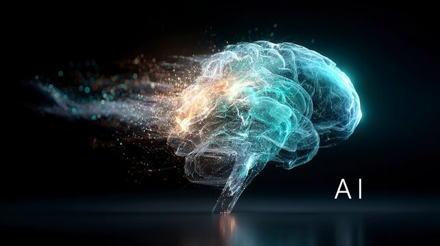 Rendering of the brain in light blue and green on a black background with glowing particles, creating an abstract design for "AI." 