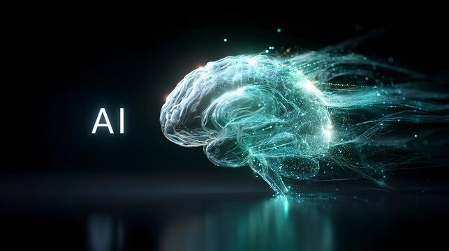 Rendering of the brain in light blue and green on a black background with glowing particles, creating an abstract design for "AI."