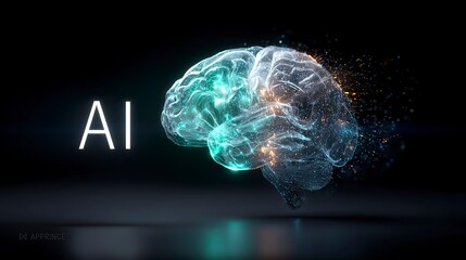  Rendering of the brain in light blue and green on a black background with glowing particles, creating an abstract design for "AI." 