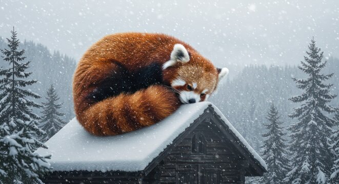 Red panda resting on a snow-covered cabin roof in a snowy forest.