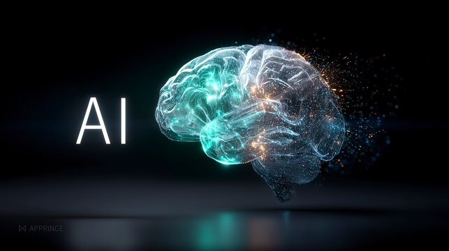  Rendering of the brain in light blue and green on a black background with glowing particles, creating an abstract design for "AI." 