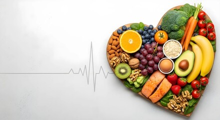 Healthy food in heart and cardiograph on white background medical abstract concept for heart day