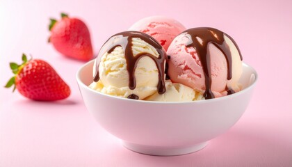 Three scoops of vanilla and strawberry ice cream topped with chocolate syrup sit in a white bowl on a pink surface, flanked by fresh strawberries—evoking sweet indulgence and vibrant freshness.