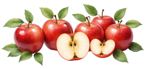 Fresh red apples with detailed leaves and cross sections shown against a black background