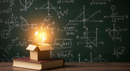 Light Bulb in Cardboard Box on Book in Front of Chalkboard Filled with Math Equations