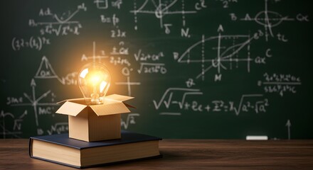 Creative Light Bulb Emerging From Cardboard Box on Book with Mathematical Equations on Chalkboard