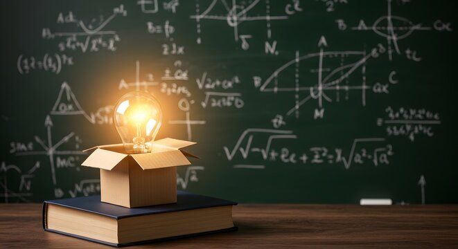 Creative Light Bulb Emerging From Cardboard Box on Book with Mathematical Equations on Chalkboard