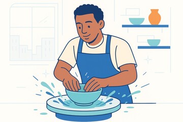 Man shaping clay on pottery wheel in light abstract background wearing apron, engaging in creative ceramic hobby at home studio. Ai generative