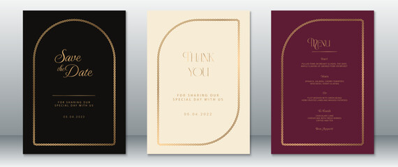 Elegant wedding invitation set featuring golden borders on black, cream, and burgundy backgrounds. Includes save the date, thank you card, and menu with refined typography. 
