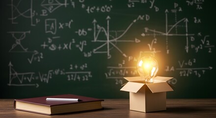 Light Bulb Inside a Cardboard Box with Mathematical Formulas on Green Chalkboard