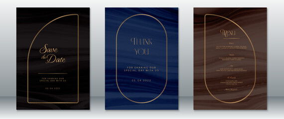 Stylish wedding invitation set featuring black, navy, and brown marble textures with refined gold borders. Includes save the date, thank you card, and dinner menu.