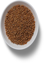 Small, light brown mustard seeds in a white bowl, top-down view.