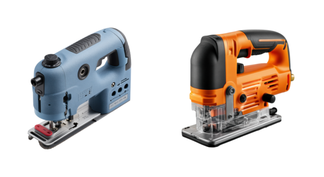 Woodworking tools jigsaws in workshop action overview, isolated on transparent background, png set