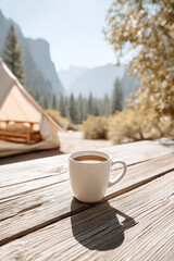 cozy camping scene featuring steaming cup of coffee resting on rustic wooden table in front of tent