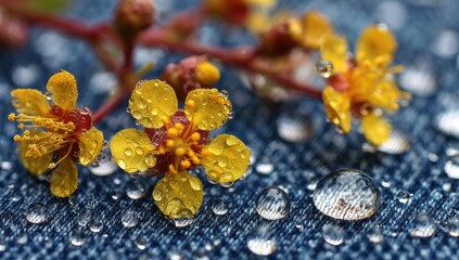 Close-up of small, yellow flowers with water droplets on denim