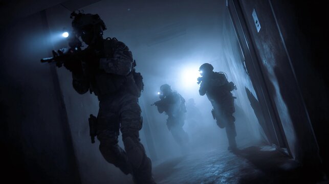 Soldiers advance through a dimly lit, smoky corridor, their weapons ready and flashlights cutting through the darkness, creating an intense atmosphere.
