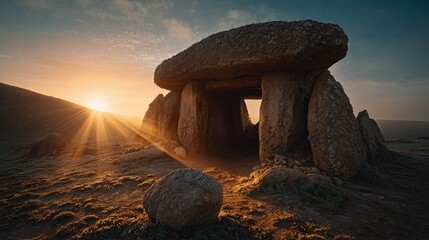 Ancient dolmen bathed in golden light, a timeless landscape where history meets nature. Peaceful, magical, spiritual place. Incredible!