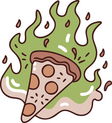 A pepperorni pizza slice with olive flames offers a fun, delicious vibe with transparent background