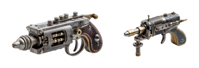 Steampunk guns display exhibition hall digital vintage, isolated on transparent background, png set