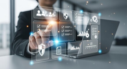 Professional interacts with a glowing holographic interface, illustrating advanced data security, digital management, and innovative business solutions