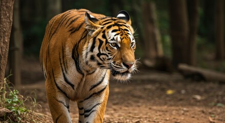 Obraz premium A tiger in a forest with a striking orange and black striped coat stands alert