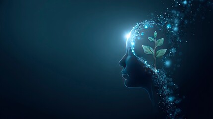 A silhouette of a human head in profile, glowing brain area with a sprouting plant inside symbolizing growth mindset